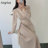 Joskaa Christmas Gift Fashion Temperament Fake 2 Pcs Ol Dress Women High Waist Hip Sashes A Line Pleat Vestidos V Neck Long Sleeve Robe Spring