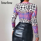 Joskaa Christmas Gift Hawthaw Women Autumn Long Sleeve Printed Slim Fashion T Shirt Crop Tops 2024 Fall Female Clothing Streetwear Wholesale Items