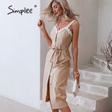 Joskaa Elegant High waist Vneck Spaghetti Strap Dress Summer Lace Straight Women Dress 2024 Solid Lace-up Button Bodycon Dress