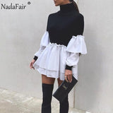 Joskaa hoco dresses Christmas Gift Nadafair Puff Sleeve Sexy Mini Dress Women Casual Party Rib Shirt Patchwork 2024 Spring Long Sleeve Wrap A-Line Woman Dress