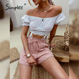 Back to College Joskaa Elastic waist drawstring shorts Pocket dusty pink summer shorts woman Causal loose lace hollow out side shorts 2024 new