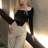 Joskaa FANTOYE Winter Sexy Tight Black Long Sleeve Shirt Women Fashion Square Collar Asymmetric T-shirts Female Solid Slim Backless Tee