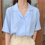 Joskaa Women Shirts Blouses Summer Short Sleeve Button Up Casual Ladies Tops Summer Korean Fashion Shirts Blue White