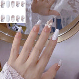 Joskaa 24pcs White 3D Bowknot Heart Almond False Nails With Pearl Rhinestones Finished Fake Nails Patch Full Cover Removable Nail Tips