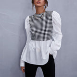 Joskaa Graduation Gift  Autumn O Neck Plaid Patchwork Blouse Women’s Puff Full Sleeve Casual Office Female 2024 Hot Elegant White All Match Ladies Tops