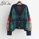 Joskaa Christmas Gift H.SA 2024 Women Fall Long Sweater Cardigans Korean Style Casual Jacket Patchwork Knit Coat V Neck Plaid Winter Warm Thick Coat