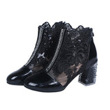 Joskaa Sexy Black Mesh Embroider Ankle Boots For Women Summer 2024 Crystal Square Heels Boots Woman Round Toe Lace Short Botas