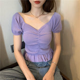 Joskaa Christmas Gift Kuzuwata Sexy Square Collar Clavicle Exposed Short Sleeve Blouse Women Draped Design Ruffles Solid Blusas Summer Shirt Feminino