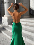 Joskaa 2024 Midi Green Satin Backless Dresses Women Sleeveless Off Shoulder Club Sexy Bodycon Dress Party Summer Outfits