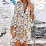 Joskaa-Summer V Neck Tassel Beach Dress Spring Vintage Floral Print 3/4 Sleeve Party Dress Women Casual Loose A-Line Dress Vestido