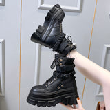 Joskaa Green Punk Chunky Platform Motorcycle Boots Women Autumn Winter Gothic Shoes Woman Thick Bottom Lace Up Ankle Botas Mujer