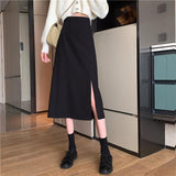 Joskaa Skirts Women Black High-waist Side-split Midi Skirt Ladies Stretchy Body-con A-line Vintage Elegant All-match Simple Fashion New