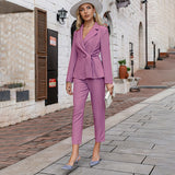 Joskaa Elegant knot women business suit autumn winter Office lace up blue ladies suits blazer Fashion two piece female pant set