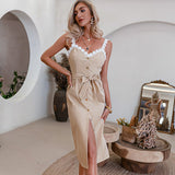 Joskaa Elegant High waist Vneck Spaghetti Strap Dress Summer Lace Straight Women Dress 2024 Solid Lace-up Button Bodycon Dress