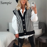 Joskaa Christmas Gift Sampic Houndstooth Sexy Long Sleeve Knitted Sweater Cardigan Women Fashion Casual Beige V Neck Sweaters Ladies Autumn Winter 202