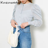 Joskaa Christmas Gift Kuzuwata Work Style Ol Solid Blouse Women O Neck Long Sleeve Single Breast Blusas Spring 2024 New Simple Shirt Feminino Loose