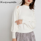 Joskaa Christmas Gift Kuzuwata 2024 Autumn Winter New Sweet Sweater Solid Mock Neck Off Shoulder Lantern Sleeve Knnited Pullover Japanese Women Jumper