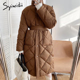 Joskaa Winter Jacket Women Argyle Plaid Long Coat with Belt Stand Collar Button Up Oversize Loose Parkas Ladies Outerwear