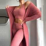 Joskaa Autumn Winter Soft Fluffy Three Piece Sets Women Sexy Off Shoulder Crop Tops And Long Pants Homesuit Casual Ladies 3 Piece Suit