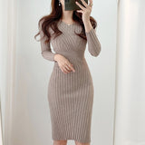 Joskaa Christmas Gift Long Sleeve Knitted Dresses Robe Female Autumn New Retro V-neck Bodycon Dress Korean Chic Slim Waist Vestido De Mujer