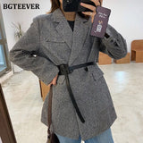 Joskaa Autumn Winter Vintage Houndstooth Woolen Blazer Jackets for Women Double Breasted Belted Female Outwear with belt 2024