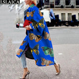 Casual Lapel Trench Coat For Women Autumn Winter Fashion Print Loose Warm Long Coat Plus Size High Street Style Ladies Overcoats