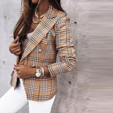 Joskaa Women Plaid Double Button Slim Blazer Autumn Long Sleeve Office Female Blazer Casual Turndown Collar Khaki OL 2024 Fashion Coat