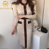 Joskaa 2024 Autumn Korean Knitted Color-blocked Two Piece Sets Women Long Sleeve Cardigan + Elastic Waist Long Skirt Suits Outfits