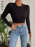 Joskaa O Neck 2024 Brown Crop Top Women Ruched 90s Y2K Basic Autumn Winter Casual Black Long Sleeve T Shirts Sexy Green