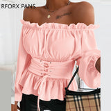 Joskaa Back to College Off Shoulder Lace-up Front Ruffles Casual  Blouse Plus Size Tops Spring Tops and Blouses