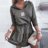 Joskaa hoco dresses Elegant Long Butterfly Sleeve Hooded Sweatshirt Dress Autumn Casual Ruffle Mini Dress Lady Winter Loose Drawstring A-Line Dress