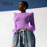 Joskaa 2024 O Neck Long Sleeve T Shirt Women Purple With Shoulder Paid Basic Autumn Casual Sexy Top Shirts Fashion