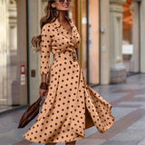 Joskaa hoco dresses Vintage Long Sleeve Wrap Office Lady Dress Spring Notched Collar Split Party Dress Women Elegant Autumn Belted Long Dresses