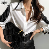 Joskaa Christmas Gift New Fashion Satin Silk Women Shirts Turn Down Collar Blouse Women Office Lady Button White Long Sleeve Female Clothing 12724