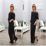 Joskaa New Sexy Summer Loose Casual Solid Color Long Dress Half Sleeve Slash Neck Off Shoulder Ankle -Length Cotton Straight Dress