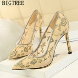 Joskaa Shoes Women Embroidered Ladies Heels Pumps Women Shoes Fetish High Heels Tacones Luxury Shoes Women Designers Black Heels