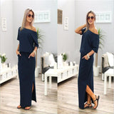 Joskaa New Sexy Summer Loose Casual Solid Color Long Dress Half Sleeve Slash Neck Off Shoulder Ankle -Length Cotton Straight Dress