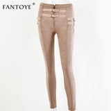 Joskaa Fantoye Women Casual Bodycon Bandage Suede Pants 2024 Classic Basic Khaki Trousers Ladies Pencil Pants Elastic Women‘s Pants