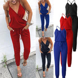 Joskaa New Arrival Sexy Spaghetti Cross Strap Lace Up Jumpsuits Summer Women V Neck Solid Casual Sleeveless Pockets Long Romper  Female