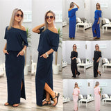 Joskaa New Sexy Summer Loose Casual Solid Color Long Dress Half Sleeve Slash Neck Off Shoulder Ankle -Length Cotton Straight Dress