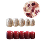 Joskaa Gorgeous Women Nail Art tools 24pcs/set Red Gold Cady Glitter Color  Fake Nails With Glue Short Full Nail Tips Hybrid Nail TY