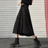 Christmas Gift Joskaa Punk Women Midi Skirt Summer Black Fashion Split High Waist Belt A Line Dark Academic Gothic Long Skirt Streetwear Faldas