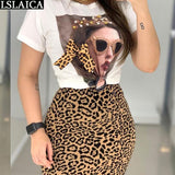 Joskaa Two Peice Set For Women Casual O-Neck T Shirt& Skirt Set Fashion Leopard Print Office Women Set Elegance Skinny Ropa Femenina