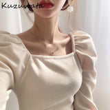 Joskaa Christmas Gift Kuzuwata 2024 Solid Square Collar Puff Sleeve Women T Shirt Spring Pleated Knitted T Shirts Elegant Casual Slim Fit Ladies Tee