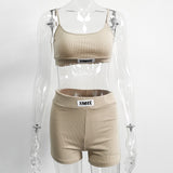 Joskaa Summer Ribber Women Set White Spaghetti Strap Crop Top And Mini Biker Shorts Embroidery Two Piece Sets Sexy Outfit Party