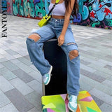 Joskaa FANTOYE Casual Ripped Hole Jeans Pants High Waist Women Harem Korean Streetwear Denim Pants 2020 Fashion Harajuku Jogger Summer