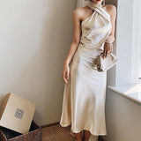 Joskaa Summer Dress Beige Off Shoulder Maxi Dress Women Clothing Sleeveless Satin Long Dress Halter Women Dress Vestidos Party