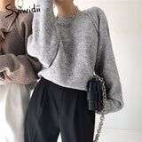 Back to College Joskaa Woman Sweaters Autumn Winter 2024 Korean Pullovers Long Sleeve O Neck Knitted Tops Harajuku Casual Jumpers Gray Khaki