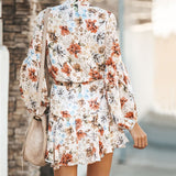 Joskaa hoco dresses Women Floral Print Irregular Hem Dresses Lantern Sleeve Boho Beach Dress Elegant Ruffle Lace-Up Mini Holiday Party Daily Dress