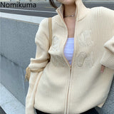 Joskaa Christmas Gift Nomikuma Letter Embroidery Sweater Women Zip-up Long Sleeve Casual Loose Cardigan Female Korean Chic Knitwear Outerwear 3d237